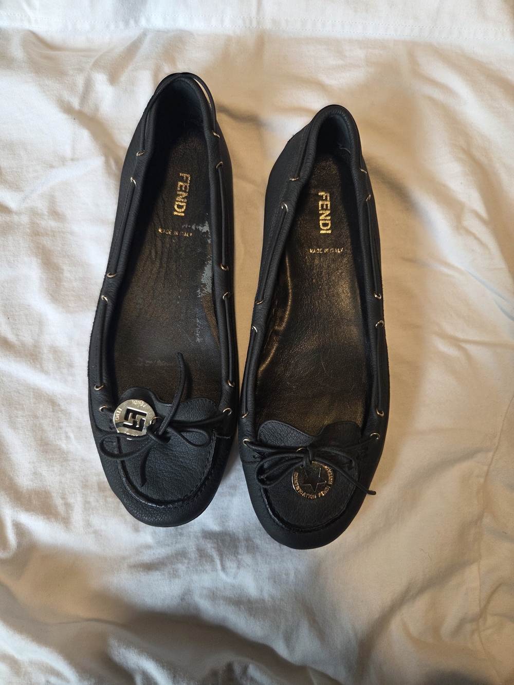 Fendi Black Leather Bow-Trim Mocasins